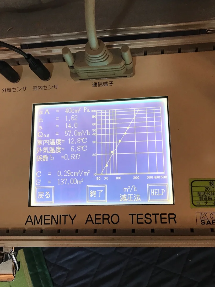 気密測定器の測定結果画面（C値0.29）