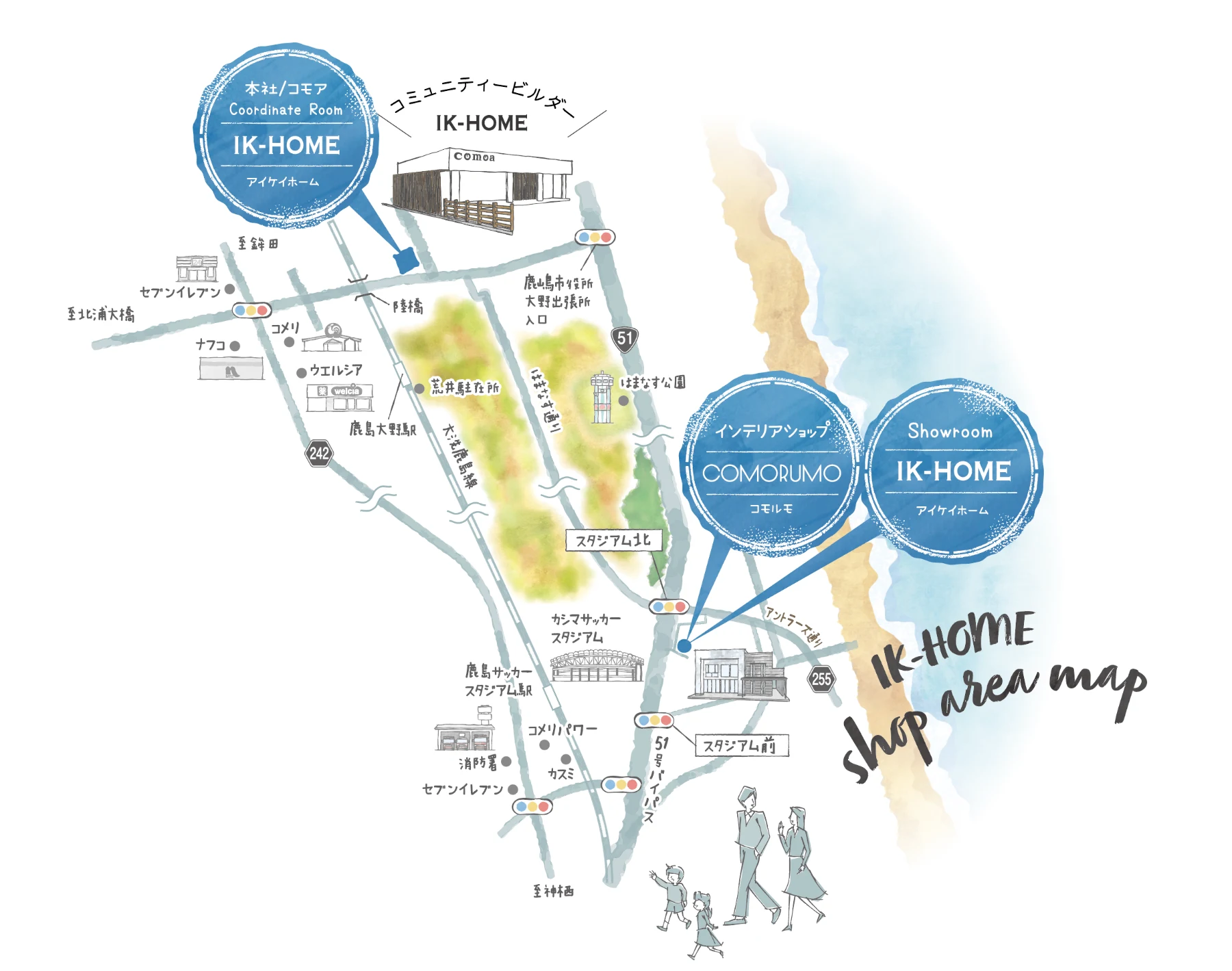 IK-HOME shop area map ー 本社／コモア、ショールームCOMORUMOの位置図